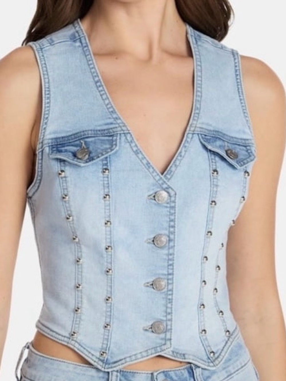 BRAND NEW MADDEN NYC Light Wash Denim Studded Vest Size XXS